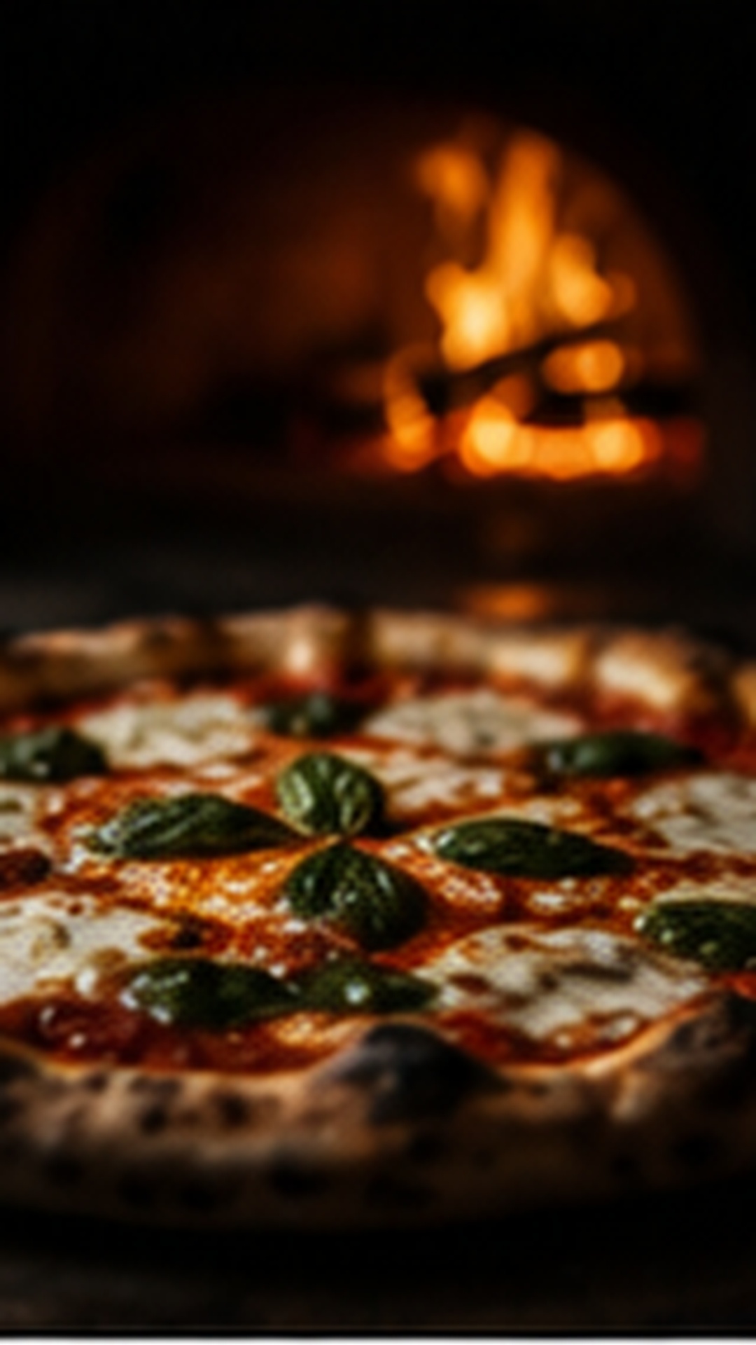 A margherita pizza resting at the mouth of the wood-fired oven, flames glowing behind it