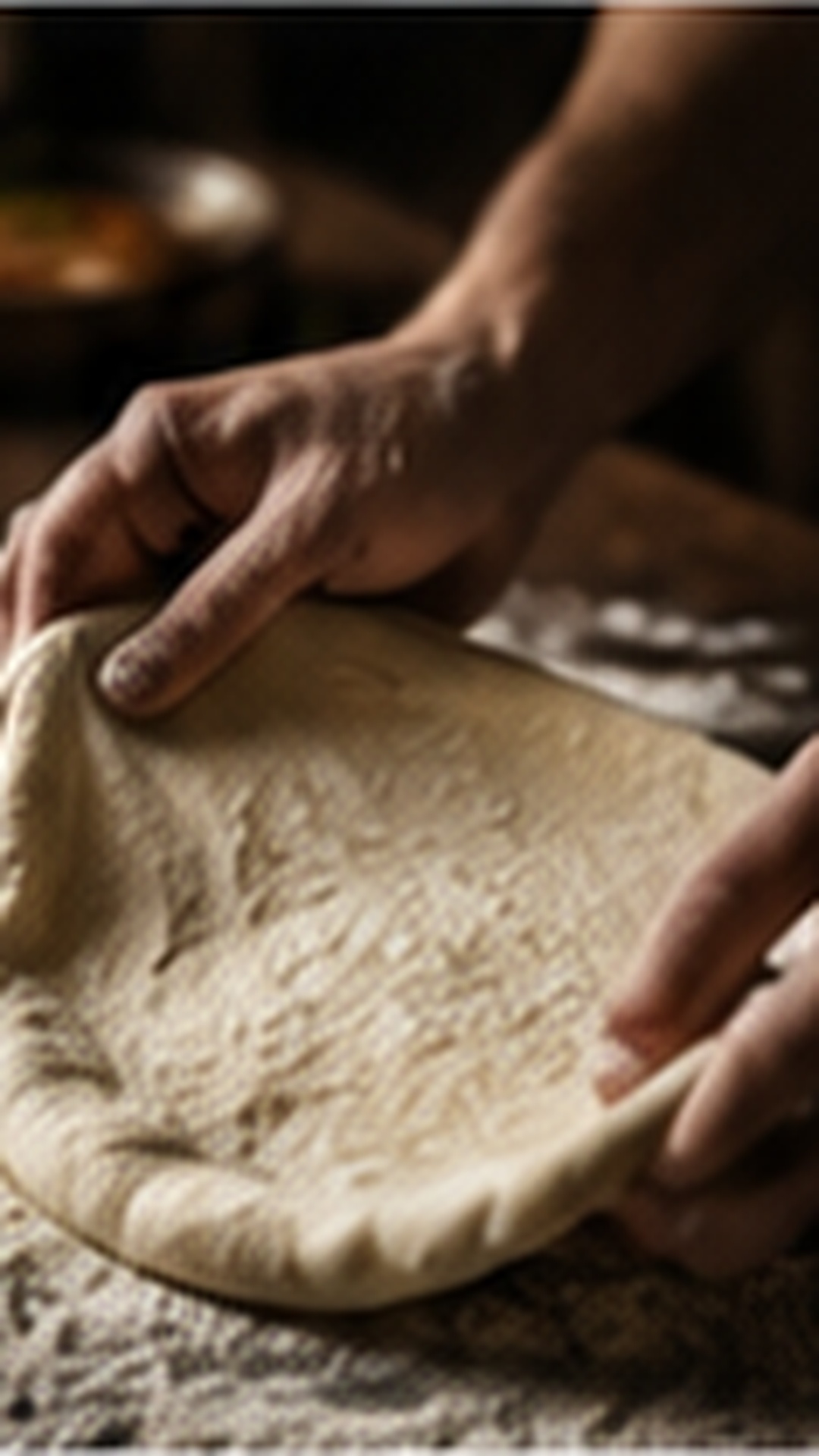 Hands stretching 72-hour fermented dough over a floured bench